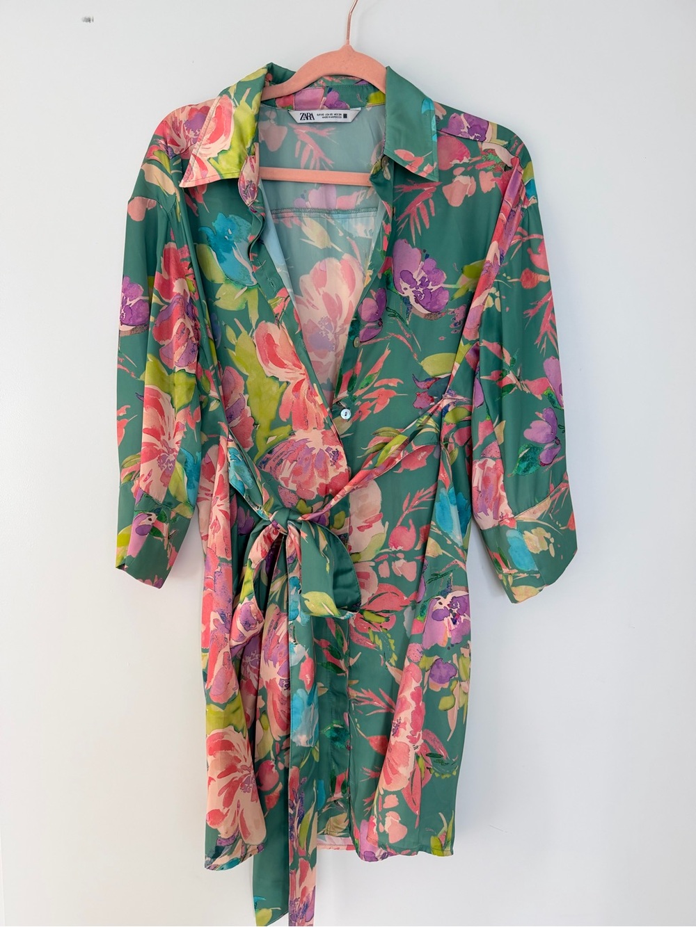 Zara Teal Floral Wrap Dress with Pink and Purple Blooms